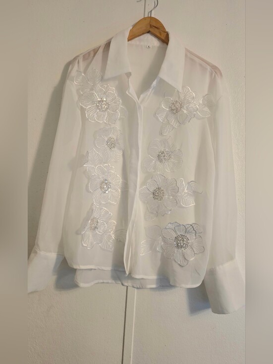 no tags Tops - White Embroidered Floral Sheer Button-Front Blouse